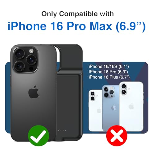 BOPPS Battery Case for iPhone 16 Pro Max 【2026 New】 Ultra-Slim 8500mAh Portable Portable Protective Charger Case Support Carplay Compatible with iPhone 16 Pro Max Charging case,Black