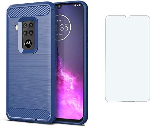 Phone Case for Moto One Zoom with Tempered Glass Screen Protector Cover Film and Cell Accessories Slim Thin Silicone Soft TPU Full Body Motorola P40 Note 1Zoom 1 Pro XT2010-1 Women Men Cases Navy Blue