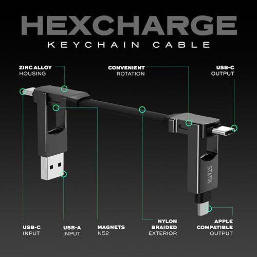 Statik HexCharge Keychain Charger Cable - Portable 4 in 1 Charging Cable Key Ring, 60W Fast Charging, Universal Multi Charging, Compatible with iPhone, USB C, and USB A - size: 1 Pack