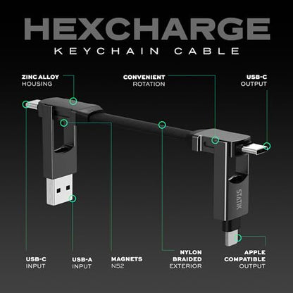 Statik HexCharge Keychain Charger Cable - Portable 4 in 1 Charging Cable Key Ring, 60W Fast Charging, Universal Multi Charging, Compatible with iPhone, USB C, and USB A - size: 1 Pack