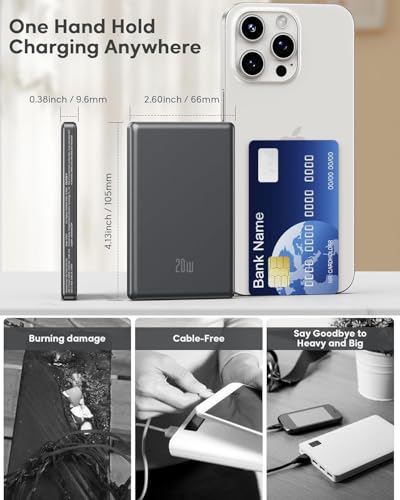 PowerBank Fast Charging 5000mah | 0.38in Ultra Slim 119g, Strong Magnetic Snap, 20W USB C Charging & 15W Wireless MagSafe, Travel & Daily Use for iPhone 12-17