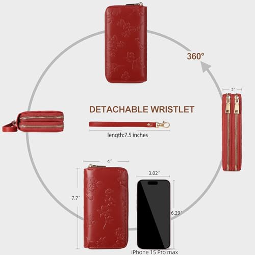 yiijay Womens Wallet RFID Blocking Large Capacity Vegan Leather Double Zip Wristlet Wallet Card Holder Travel Ladies Clutch - color: Red