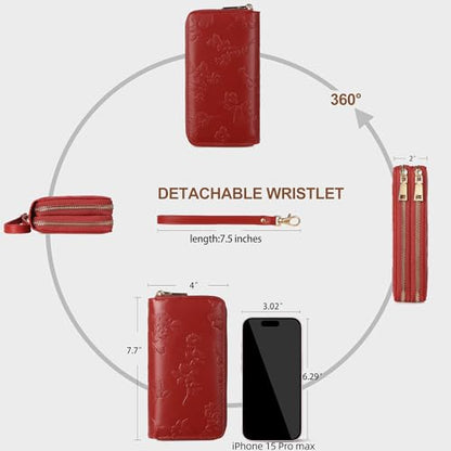 yiijay Womens Wallet RFID Blocking Large Capacity Vegan Leather Double Zip Wristlet Wallet Card Holder Travel Ladies Clutch - color: Red
