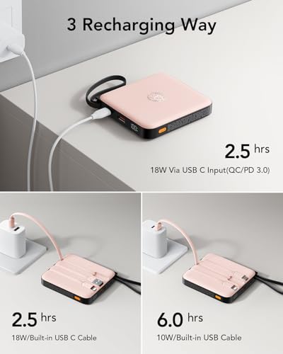 VRURC 20000mAh Power Bank Built-in Cables, Travel Essentials, Portable Charger 22.5W Fast Charging USB C Battery Pack, Phone Battery Bank for iPhone 17/16/15 Series, Android Phone - Pink(1 Pack) - color: Pink