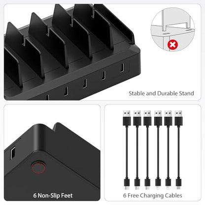 Charging Station for Multiple Devices, 6 Port USB Desktop Charger Dock Compatible with iPad, Samsung, Android, Tablet, Family Multi Phone Charging Organizer with Divider Holders, Fireproof ABS (Black)