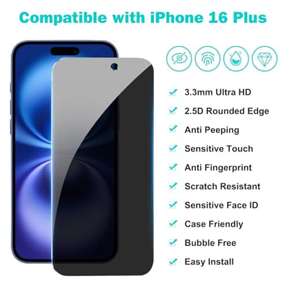 PEHAEL for iPhone 16 Plus Privacy Screen Protector+Camera Lens Protector