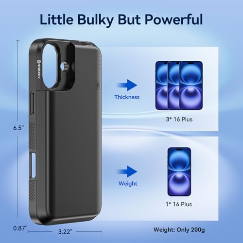 NEWDERY Battery Case for iPhone 16 Plus USB C Portable Charger Case 8000mAh | Portable Protective Power Bank CarPlay, Sync-Data Supported, Rechargeable Charger Case,6.7", Black - size: iPhone 16 Plus-8000mAh