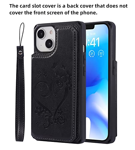 iCoverCase Compatible with iPhone 14 Wallet Phone Case with Card Holder for Women, RFID Blocking Embossed PU Leather Wrist Strap Case 6.1 Inch (Heart Black) - color: H-Black
