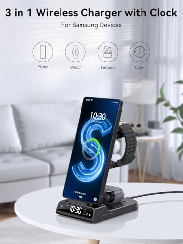 Wireless Charger for Samsung S25 with Clock 3 in 1 Android Charging Station - color: Black