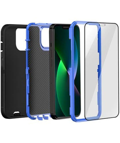 iPhone 13& iPhone 14 Heavy-Duty Case, Military-Grade Shockproof Protection, Includes 2 Tempered Glass Screen Protectors - Black Blue - color: Black Blue