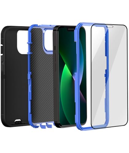 iPhone 13& iPhone 14 Heavy-Duty Case, Military-Grade Shockproof Protection, Includes 2 Tempered Glass Screen Protectors - Black Blue - color: Black Blue