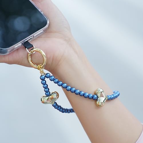 Phone Wrist Strap Pearl Beaded Chain Wristlet Gold Heart Charms - color: Blue