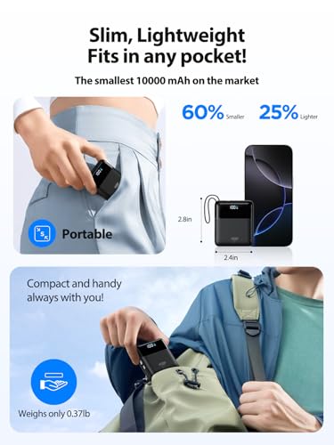 Portable Charger 10000mAh Power Bank Fast Charging, 22.5W USB C Battery Pack with Built-in Cables, Small Portable Charger Travel Essentials Power Bank for iPhone 17 16 15 14, Samsung, iPad, Android