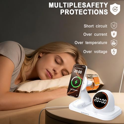 Wireless Charging Station with Clock,6-in-1 Charging Stand - color: White