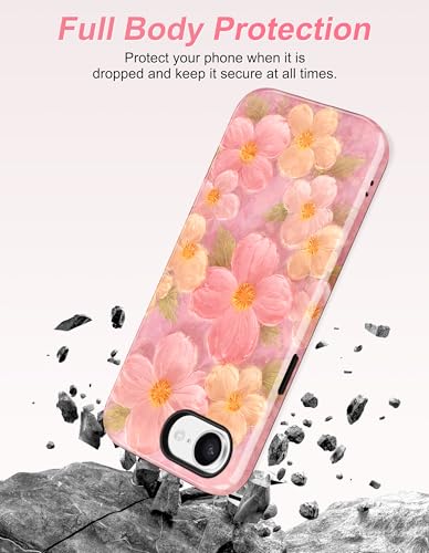 Jusy Magnetic Oil Painting Flower Floral Case for iPhone 16e/17e, Pink | Compatible with MagSafe, Cute Aesthetic Flower Design, TPU and PC Protective Phone Cover - color: Pink Oil Painting Flower