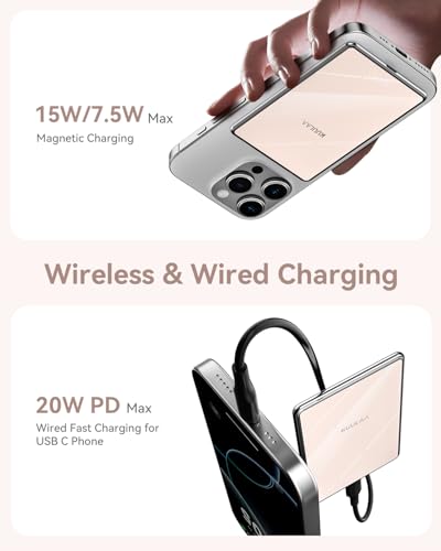 Kuulaa Power Bank 5000mAh 20W, Portable Charger Ultra Slim Magsafe Power Bank with LED Lights, Magnetic Wireless Chargeur Portatif Powerbank Compatible with iPhone 16/15/14/13/12 - Mirror Pink - color: Pink