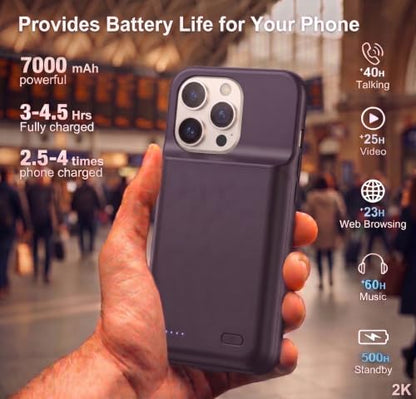 Battery Case for iPhone 16 Pro, Ultra-Slim Travel Portable Charging Case, 2026 Upgrade 7000 mAh Extended Battery Life, Premium Materials Rechargeable Charger Case Black