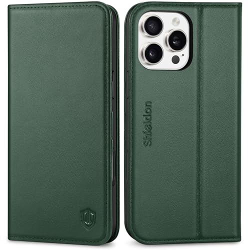SHIELDON Genuine Leather Wallet Case for iPhone 16 Pro Max 6.9", Evergreen | RFID Blocking, Credit Card Holder, Magnetic Closure, Kickstand, Folio Design, Full Protection, Shockproof Phone Cover - color: Evergreen