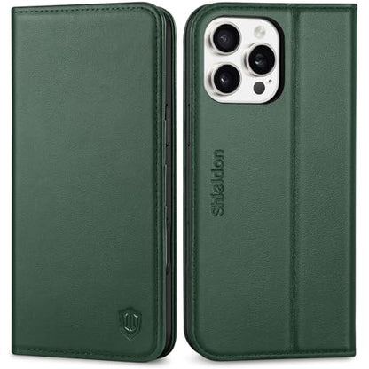 SHIELDON Genuine Leather Wallet Case for iPhone 16 Pro Max 6.9", Evergreen | RFID Blocking, Credit Card Holder, Magnetic Closure, Kickstand, Folio Design, Full Protection, Shockproof Phone Cover - color: Evergreen