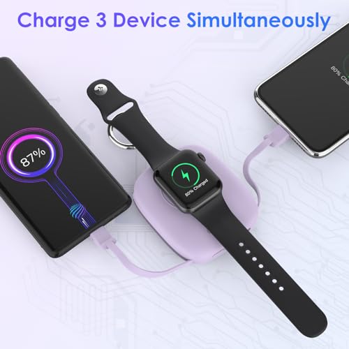 Small Portable Charger 5000mAh,iWatch Wireless Charger Mini Power Bank with Built-in Cable,Travel Keychain Charger for Apple Watch 11/10/9/8/Ultra/7/6/Se/5/4,iPhone 17/16/15/14/13/12,Android Phone - color: Purple