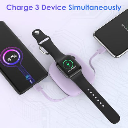 Small Portable Charger 5000mAh,iWatch Wireless Charger Mini Power Bank with Built-in Cable,Travel Keychain Charger for Apple Watch 11/10/9/8/Ultra/7/6/Se/5/4,iPhone 17/16/15/14/13/12,Android Phone - color: Purple