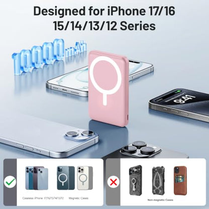 AOGUERBE for MagSafe Portable Charger, 10000mAh Magnetic Charger for iPhone - color: Rose Pink