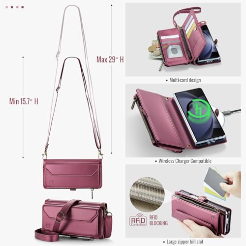 Strapurs Crossbody Wallet Case Compatible with Samsung Galaxy Z Fold 5 with RFID Blocking Card Holder & Pen Holder Slot Soft PU Leather Shoulder Strap Zipper Pocket Purse Fold 5 Phone Case, Wine Red | RFID Blocking 5-Card Holder, Shoulder Lanyard, Wirst S