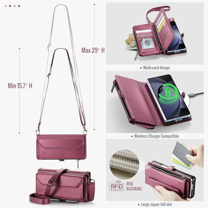 Strapurs Crossbody Wallet Case Compatible with Samsung Galaxy Z Fold 5 with RFID Blocking Card Holder & Pen Holder Slot Soft PU Leather Shoulder Strap Zipper Pocket Purse Fold 5 Phone Case, Wine Red | RFID Blocking 5-Card Holder, Shoulder Lanyard, Wirst S