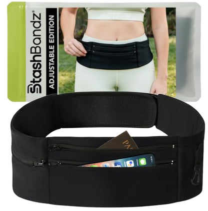 StashBandz Running Belt Money Belt, 3 Large Zippered Pockets, Phone Holder - size: Small