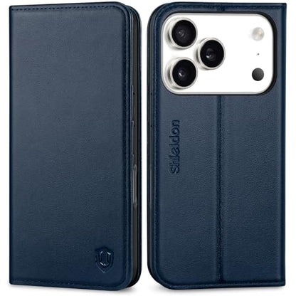 SHIELDON Genuine Leather Flip Wallet Case for iPhone 17 Pro 6.3", Navy Blue | Magnetic Closure, RFID Blocking, Credit Card Holder, Viewing Stand, Foldable Design, Shockproof Protective Cover - color: Navy Blue