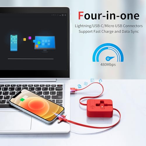 3 in 1 Multi Charger Cable 3A, 2Pack 3 in 1 Retractable Multi Charging Cable with IP/USB C/Micro Ports, Phone Holder, Multiple Fast Charging Cord for Cell Phones, IP, Samsung Galaxy, Tablets