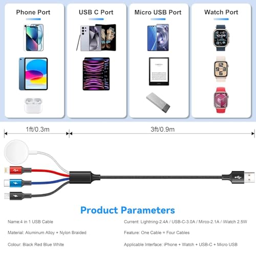 2Pack Multi Charging Cable Braided USB C/Lightning/Micro Port for Apple Watch Charger USBC Magnetic Wireless Charger iWatch Series 11-1/iPhone 17 16 15 14/Galaxy Android/PS-4ft