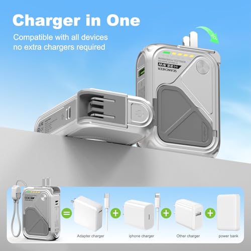 P05 Portable Charger, Magnetic Power Bank, Small Wireless PowerBank, Battery Pack10000mAh Travel Essentials Fast Charging with Built in Cable, Foldable Wall Plug for iPhone,Andriod（Metal Material） - color: Silver