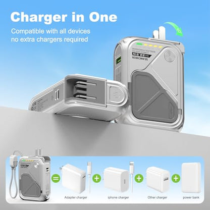 P05 Portable Charger, Magnetic Power Bank, Small Wireless PowerBank, Battery Pack10000mAh Travel Essentials Fast Charging with Built in Cable, Foldable Wall Plug for iPhone,Andriod（Metal Material） - color: Silver