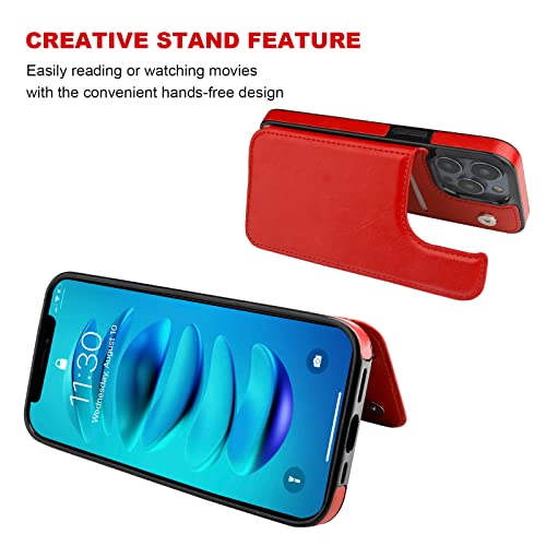 ONETOP for iPhone 14 Pro Max Wallet Case with Credit Card Holder,Red | Kickstand,ID/Cash Holder,Case Wallet with Card Slots,Double Magnetic Clasp,Durable PU Leather Shockproof Cover for Women Men - color: Red