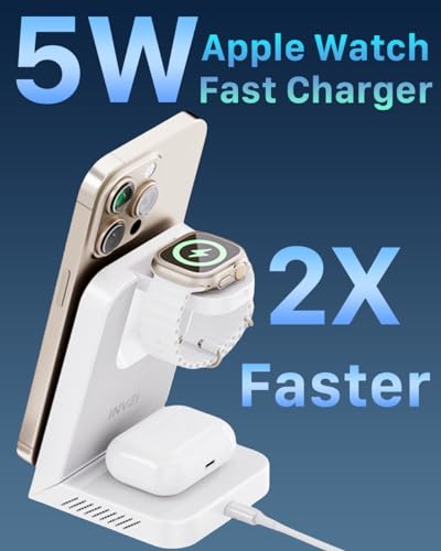 3-in-1 Fast Wireless Charging Station Multiple Devices, MagFree Transform 15W Magnetic Travel Charger Stand for iPhone 16/15/14/13/12, 5W Apple Watch Fast Charger, AirPods - 30W USB-C Charger Included