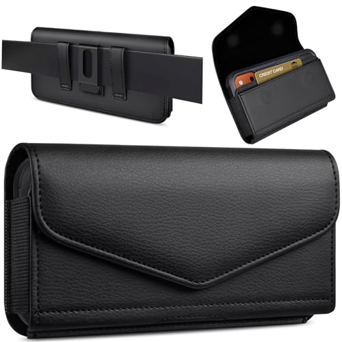 Leather Cell Phone Holster with Card Holder and Belt Clip Protective Case for iPhone Pro Max, Plus 17 16 15 14 13 12, Samsung Galaxy FE, Plus S26 S25 S24 S23 S22, L-Black - color: Black, size: L