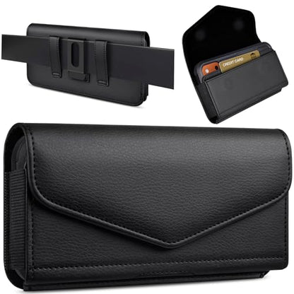 Leather Cell Phone Holster with Card Holder and Belt Clip Protective Case for iPhone Pro Max, Plus 17 16 15 14 13 12, Samsung Galaxy FE, Plus S26 S25 S24 S23 S22, L-Black - color: Black, size: L