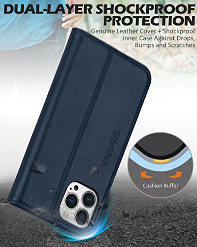 SHIELDON Genuine Leather Case Wallet for iPhone 13 Pro Max 6.7", Navy Blue | Magnetic Closure, RFID Blocking, Credit Card Slot, Kickstand, Flip Book Design, Shockproof Phone Cover - color: Navy Blue