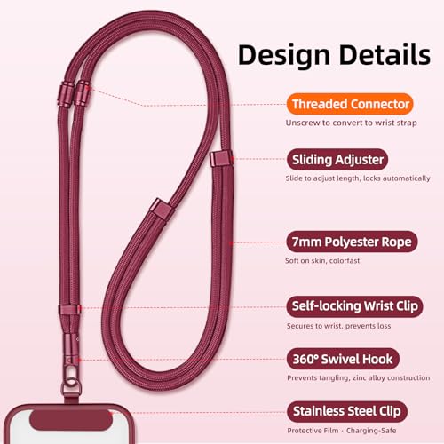 3-IN-1 Phone Lanyard+Wrist Strap Kit, Adjustable Phone Strap Crossbody for iPhone and Most Smartphones - color: Burgundy