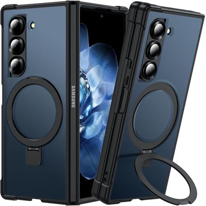 Hensinple for Samsung Galaxy Z Fold 6 Case with Ring Stand, [Compatible with MagSafe][Slim Fit], Magnetic Charing Translucent Back Shockproof Phone Case for Z Fold 6, Black - color: Black