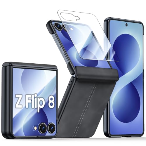 for Galaxy Z Flip 8 Case with Hinge Protection & Screen Protector | Ultra-Thin PU Leather Matte PC Shockproof Cover, Slim Protective Case for Galaxy Z Flip 8-Black - color: Black, size: Z Flip 8