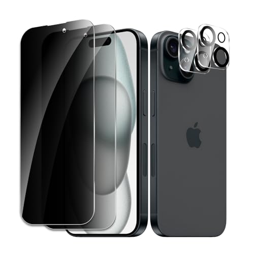 [2+2 Pack] Privacy Screen Protector for iPhone 15, Anti-Spy Shatterproof Tempered Glass with Camera Lens Tempered Glass 9H Hardness Bubble Free Anti-Glare Case Friendly