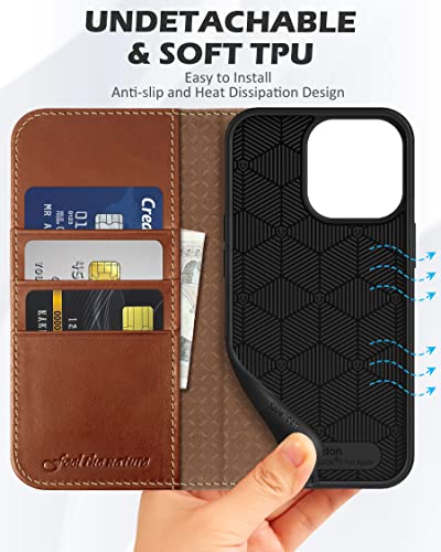 SHIELDON Genuine Leather Wallet Case for iPhone 13 Pro 2021, Retro Brown | RFID Blocking, Credit Card Holder, Magnetic Closure, Kickstand, Folio Design, Shockproof Phone Cover - color: Brown - Retro