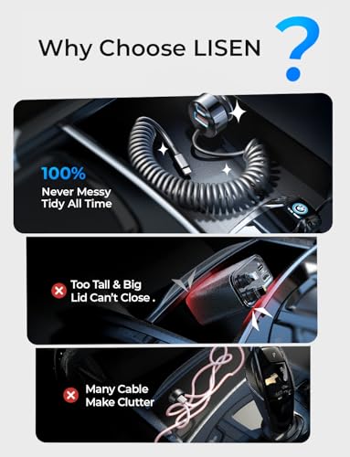 for iPhone 18/17 Pro Max Car Charger USB C Fast Charge with Coiled Cable - color: Black - 36 inch