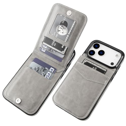 KIHUWEY for iPhone 17 Pro Max Wallet Case Card Holder Kickstand, Gray | Credit Card Slots, PU Leather, Magnetic Clasp, Flip Heavy Duty Protection Cover for Men - color: Gray