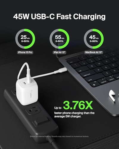 Belkin 45W Dual GaN USB C Charger Block, Fast Charging for Travel - style: 45W White