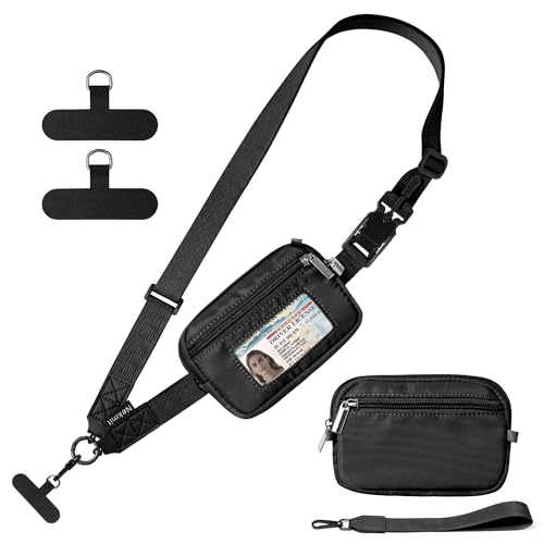 Nekmit Clip and Go Strap for Phone with Wallet Crossbody, Adjustable Phone Lanyard with Detachable Zippered Pouch & Wristlet - color: Black