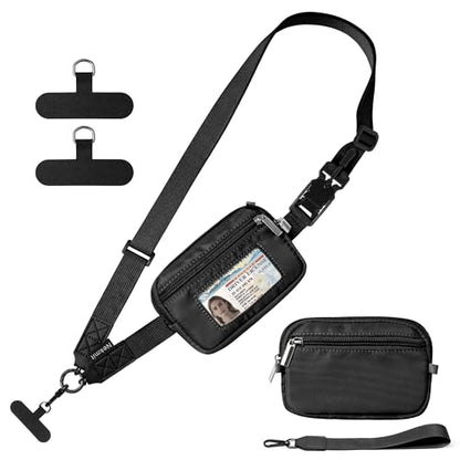 Nekmit Clip and Go Strap for Phone with Wallet Crossbody, Adjustable Phone Lanyard with Detachable Zippered Pouch & Wristlet - color: Black