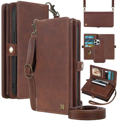 for Wallet Case Compatible with iPhone 15 Pro Max,Multi-Function Detachable 2 in 1 Magnetic iPhone 15 Pro Max Case Wallet,Flip Strap Zipper Card Holder Phone Case with Shoulder Straps(Brown) - color: Brown, size: iPhone 15 pro max